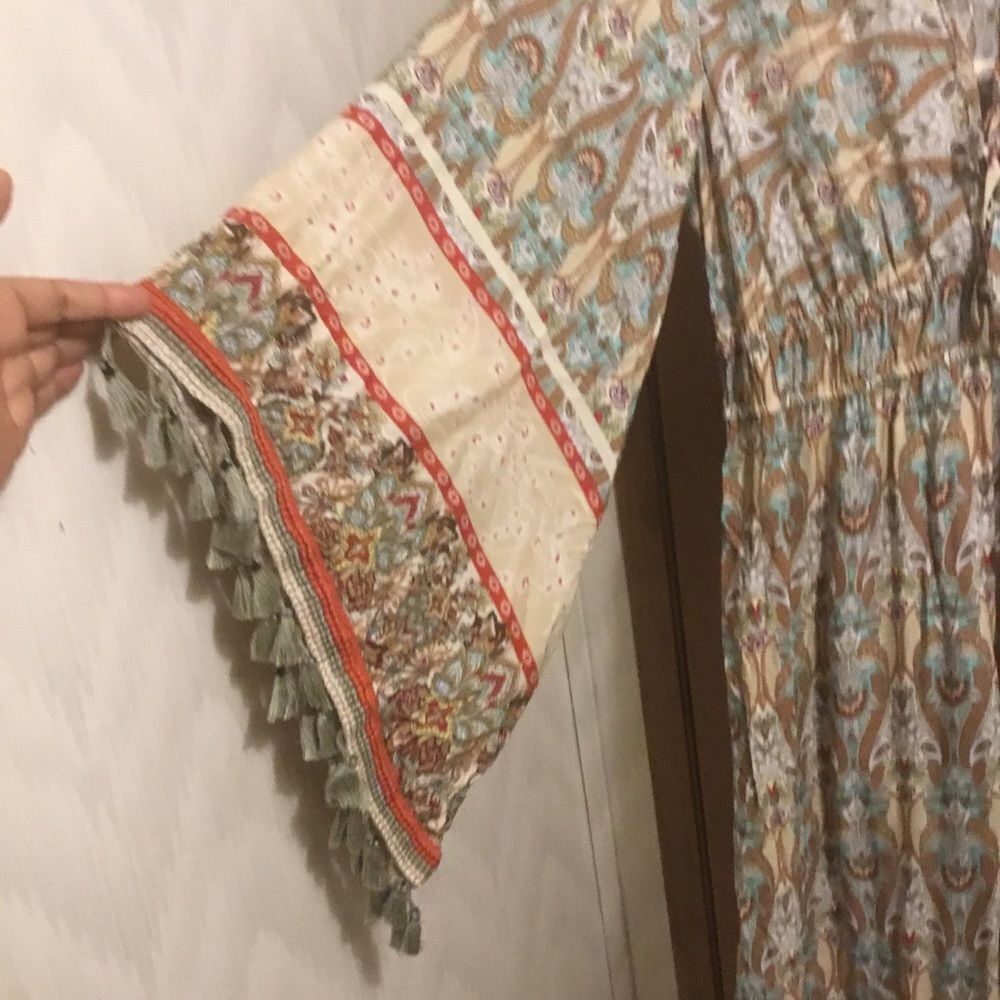 Bohemian Floral Print Woven Bell Sleeve Flounce Peasant Maxi Hippie Dress L - Picture 10 of 12